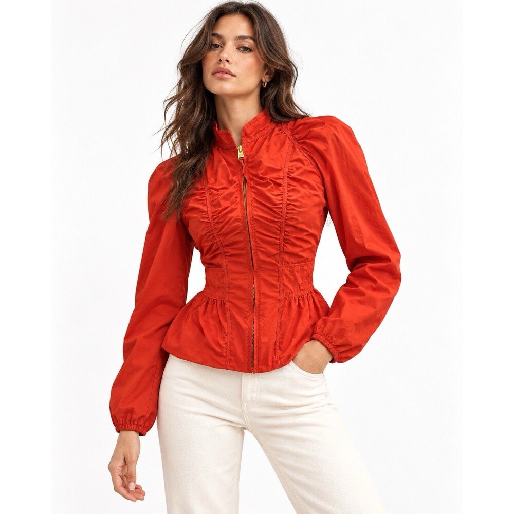 BCBGMAXAZRIA Saffron Orange Ruched Peplum Zip Front Jacket Size S